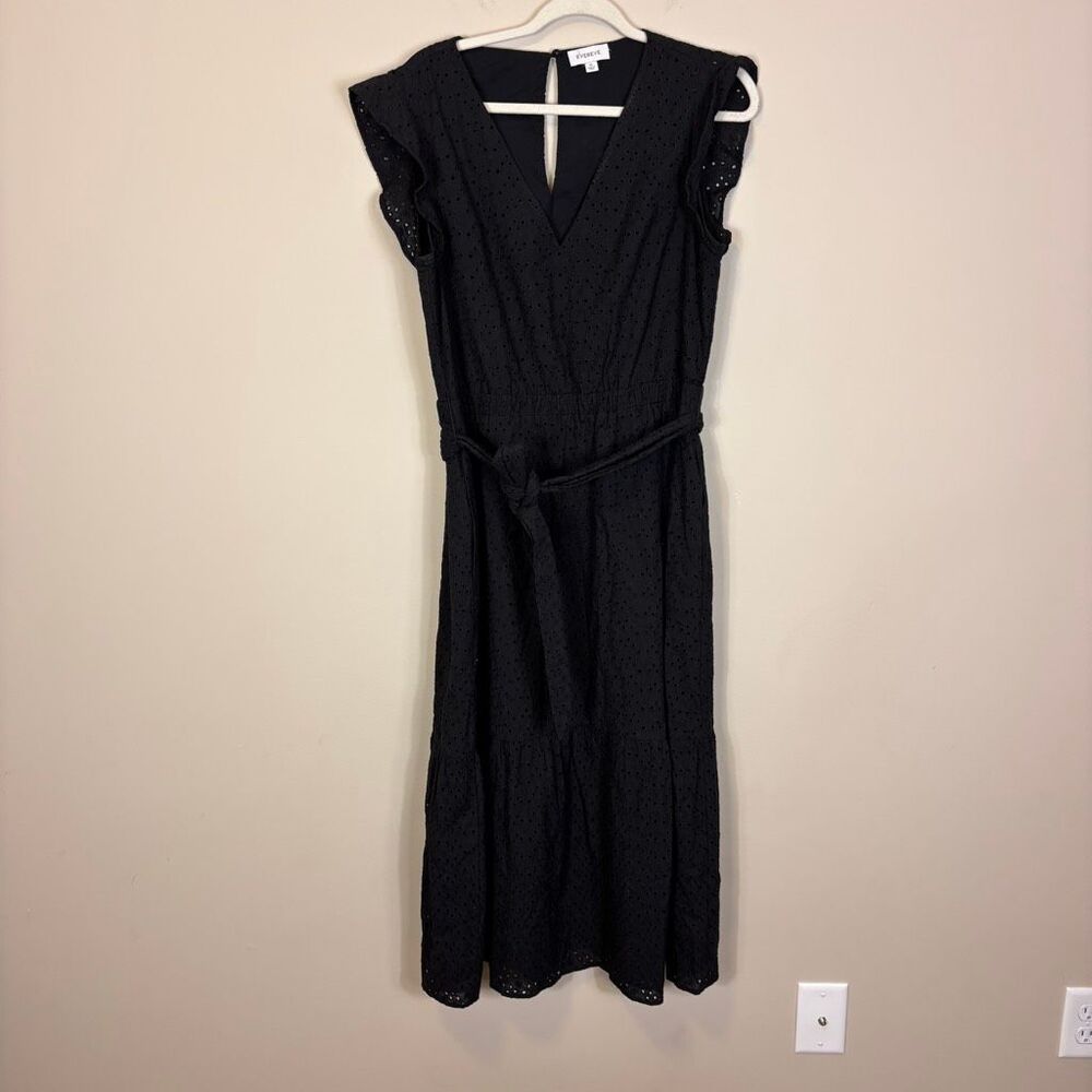 Evereve Black Eyelet V Neck Cotton Sleeveless Midi Dress with Belt XL